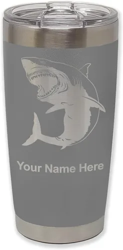 Vista 34 de LaserGram Vaso aislado al vacío de 20 onzas, gran tiburón blanco, grabado personalizado incluido (negro)