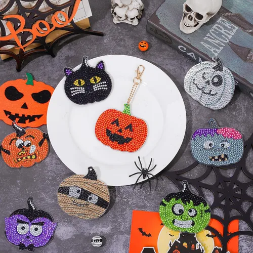 Vista 5 de Whaline Kit de llavero de dibujo de diamantes de Halloween, hecho a mano, caricatura, monstruo, vampiro, momia, gato, colgante de dibujo