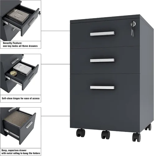 Vista 6 de Lazio Archivador de 26 pulgadas con cerradura, archivador para el hogar y la oficina, archivador de 3 cajones con ruedas para cartas de tamaño A4