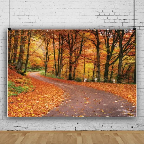 Vista 2 de Laeacco Telón de fondo de bosque otoñal de 10 x 8 pies, paisaje de otoño, hojas de arce, carretera, tema de otoño, baby shower, decoración de fiesta