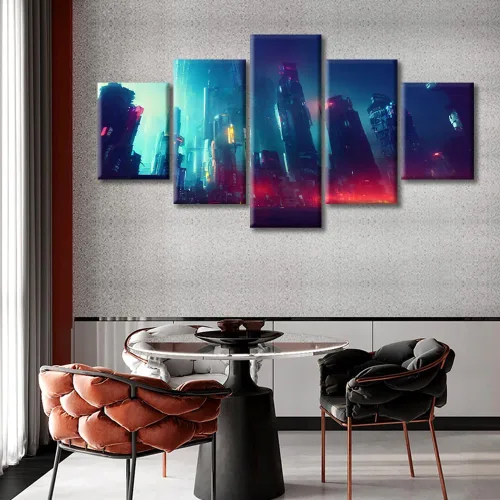 Vista 318 de Cuadros de 5 paneles de Cyberpunk City, arte de pared, representación de vallas publicitarias, edificios modernos en la capital con obras de arte