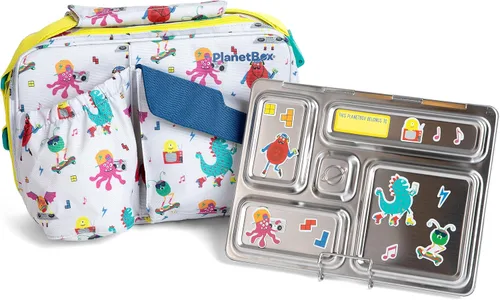 Vista 12 de PlanetBox Rover - Lonchera estilo Bento de acero inoxidable para jóvenes con 5 compartimentos, edición mariposas incluye bolsa de almuerzo aislada