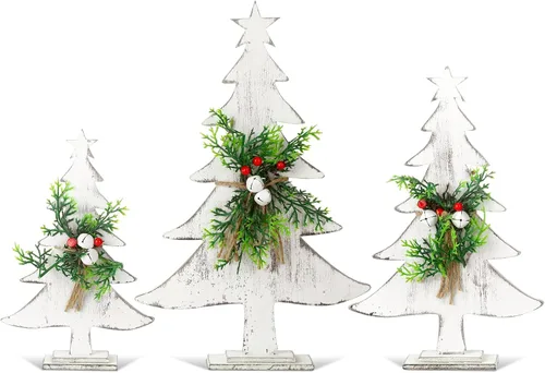 Vista 7 de 3 piezas de decoración de árbol de Navidad en madera estilo granja, árboles de Navidad de madera rústicos pequeños con lijas de arena, estrellas