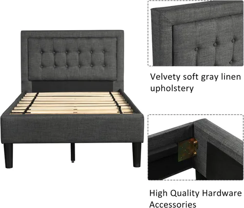 Vista 5 de Anwick Cama de plataforma tapizada con botones y soporte de listones de madera resistente (individual, gris)