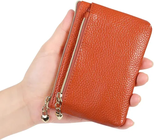 Vista 5 de Monedero de cuero genuino para mujer, con cremallera, tamaño de bolsillo, Marrón