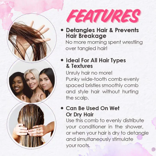 Vista 4 de Punky Peine de dientes anchos para mujer, color rosa, peine desenredante, sin mango, para cabello húmedo, seco y rizado