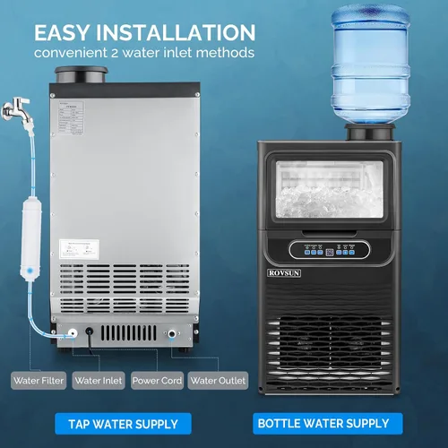 Vista 5 de ROVSUN - Máquina para hacer hielo de 70 libras/24 horas para encimera con 2 entradas de agua y función de programación, máquina independiente