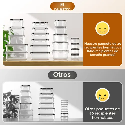 Vista 4 de 40 recipientes de almacenamiento de alimentos con tapas herméticas (20 recipientes y 20 tapas), a prueba de fugas, juego de recipientes para 40