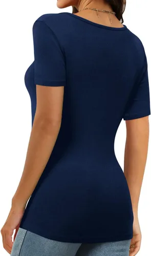 Vista 3 de Camisetas de manga corta con cuello cuadrado para mujer 2024 primavera verano Slim Fit