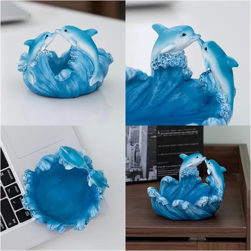 Vista 4 de Estatua de resina de delfín con base ondulada, decoración de mesa auxiliar, pequeña decoración de escritorio para estante de oficina en casa, mini