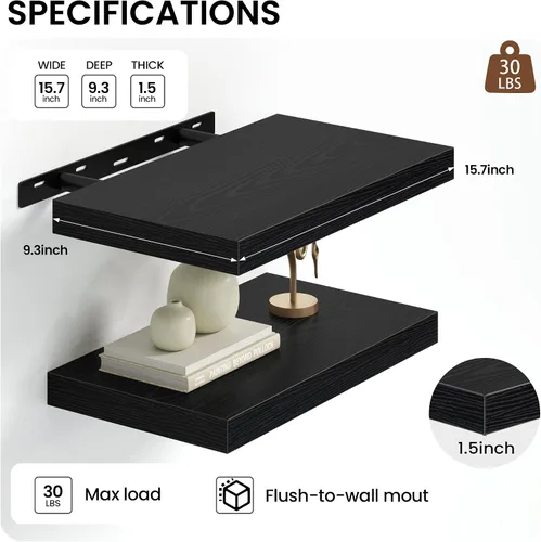 Vista 3 de Heimlove Juego de 2 estantes flotantes de 16 pulgadas para pared, estante negro para baño pequeño, dormitorio, sala de estar, cocina, decoración