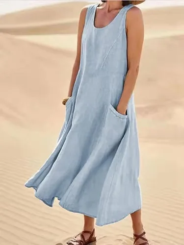 Vista 2 de Vestido de lino para mujer, sin mangas, liso, casual, holgado, maxi vestidos con bolsillos