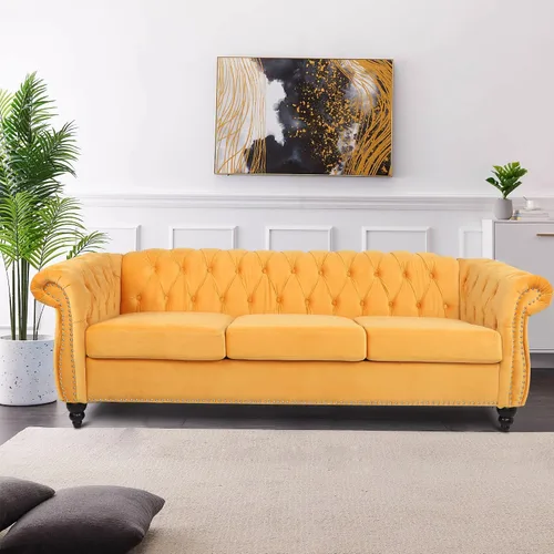 Vista 25 de LEVNARY Sillón Chesterfield de Terciopelo, Sillón Individual de Estilo Moderno de Mediados del Siglo con Respaldo de Botones y Decoración con Beige