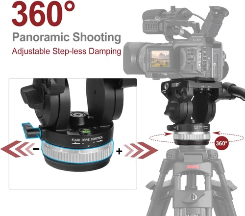 Vista 4 de Cabeza fluida de 2.953 in Base de trípode con mango Placa de liberación rápida resistente para cabezal de video Manfrotto, carga de hasta 33 libras