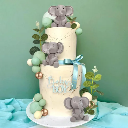 Vista 7 de 26 piezas de decoración de pasteles de elefante, bolas de perlas, palillos para pasteles, hojas de eucalipto, decoración de pasteles de elefante