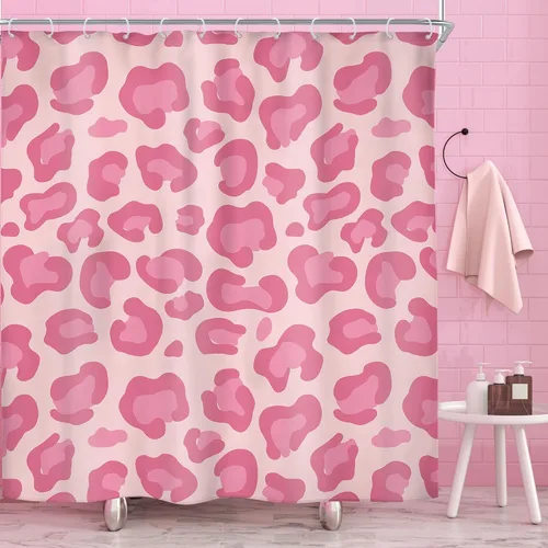 Vista 15 de Riyidecor Cortina de Ducha con Estampado de Leopardo Negro y Rosa Cabina Pequeña RV Estrecha Linda Femenina Moderna Trendy Simple Guepardo 36Wx72H