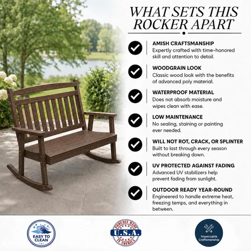 Vista 7 de Amish Made Antique Mahogany Double Rocking Chair Bench, HDPE Made in USA