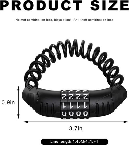 Vista 2 de Candado de cable para casco de motocicleta, cerradura retráctil antirrobo para casco con contraseña de combinación de 4 digitales, bloqueo de cable