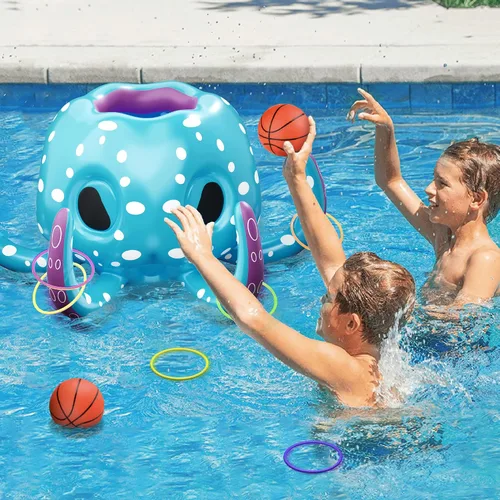 Vista 6 de iPlay, iLearn Juguetes de piscina de pulpo para niños, juego inflable 2 en 1 para piscina, juego de aro de baloncesto y lanzamiento de anillo, juego