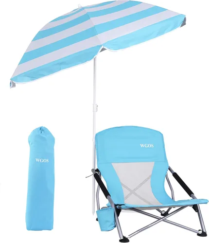 Vista 9 de Silla de playa baja con paraguas, silla de festival portátil Compack con sombra para adultos, sillas de lago River Sand, Sillas de Playa, soporte