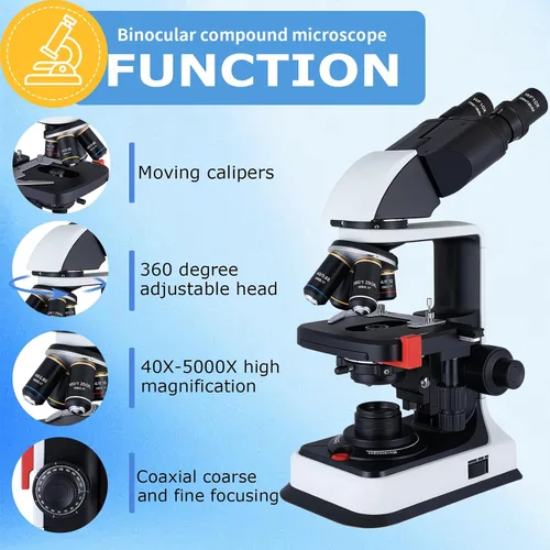 Vista 2 de Microscopio binocular 40X-2500X, oculares WF10x y WF25x, iluminación LED, con soporte para pieza de mano, para principiantes, microscopio