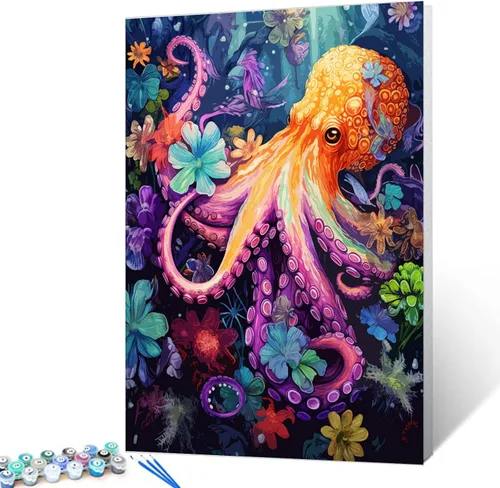 Vista 2 de Tucocoo Pintura de pulpo por números para adultos, niños y principiantes, kit de regalo de pintura al óleo para adultos, kits de pintura por números