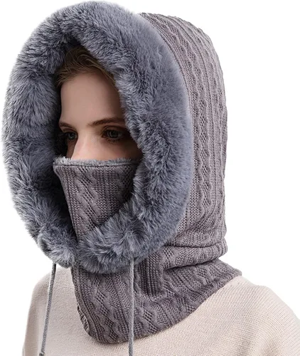 Vista 7 de Gorro de forro polar holgado de una pieza para mujer, bufanda con capucha, pasamontañas, cálido invierno, resistente al viento, con cordón