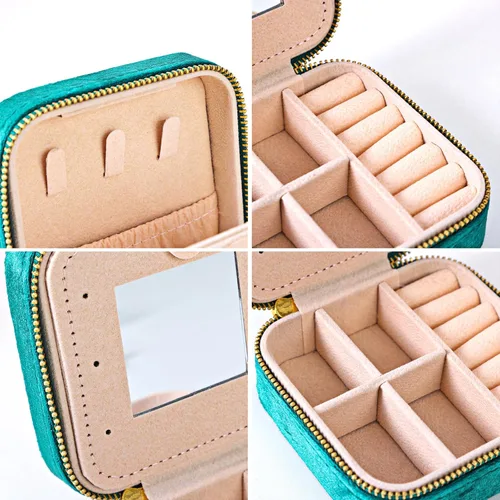Vista 4 de Fixwal Organizador de viaje de joyería, pequeñas cajas de joyería con espejo, mini joyería de viaje, terciopelo de felpa para mujeres y niñas