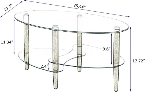 Vista 3 de Mesa auxiliar ovalada de vidrio templado de 3 capas con patas de madera de roble de almacenamiento, mesa auxiliar moderna para sala de estar