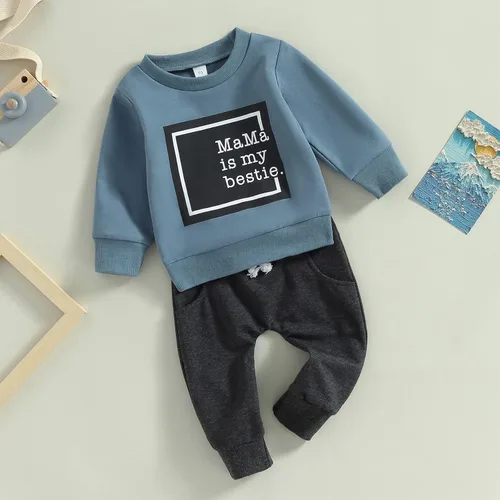 Vista 2 de Toddler Baby Boy Fall Clothes Long Sleeve Letter Print Crewneck Sweatshirt + Jogger Pant Infant Boys Winter Outfits