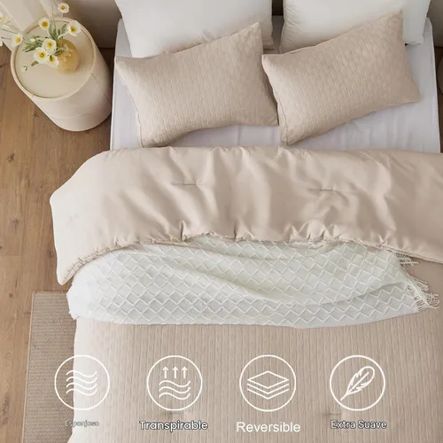 Vista 6 de Whale Flotilla Jacquard Checkered Extra Soft King Comforter Set, Beige Juego de edredón reversible de microfibra tamaño King con 2 fundas