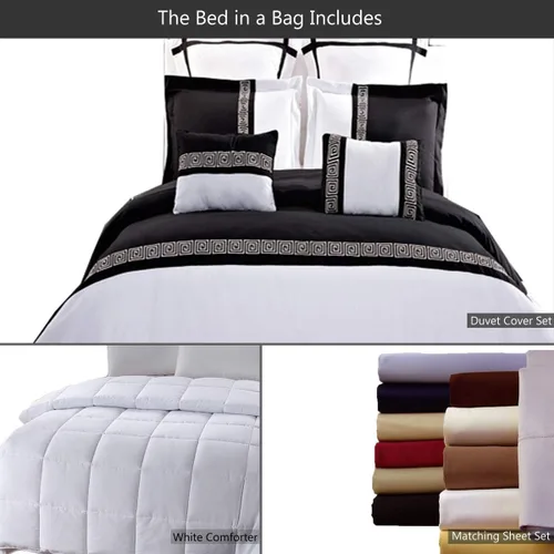 Vista 2 de sheetsnthings 12 piezas de microfibra bordada tamaño matrimonial en una bolsa incluye: juego de funda de edredón Astrid en blanco y negro con 100%