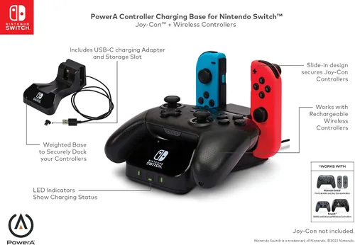 Vista 2 de PowerA Controller Charging Base for Nintendo Switch, Black, Wireless Controller charging, Charge, rechargeable battery, Nintendo Switch, Joy-Con