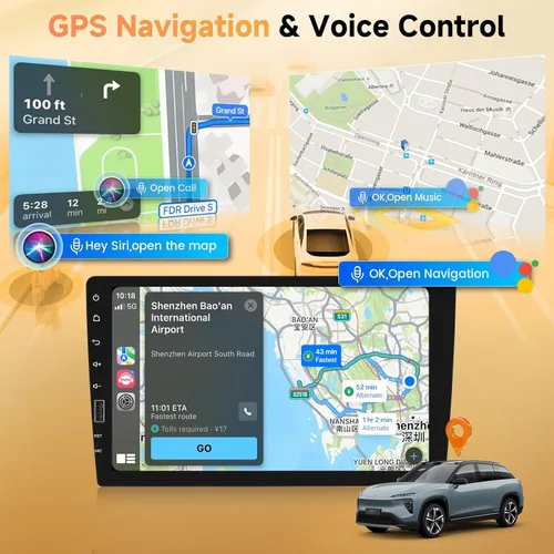 Vista 4 de Carplay inalámbrico de 9 pulgadas estéreo para automóvil con Android Auto, METEESER Bluetooth IPS pantalla táctil receptor de audio para auto
