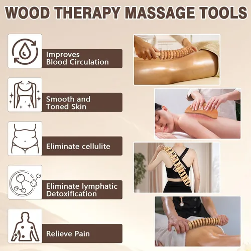 Vista 2 de Herramientas de masaje de terapia de madera 3 en 1, kit de maderoterapia, masajeador de drenaje linfático, herramienta de masaje de madera Gua Sha