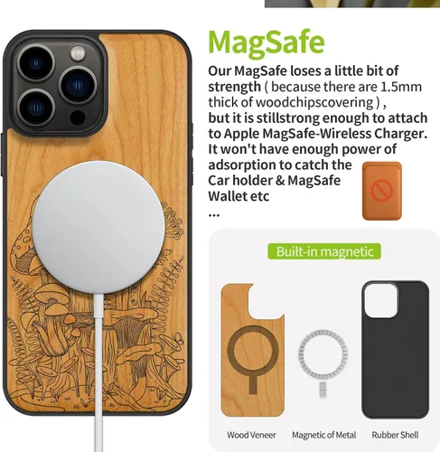 Vista 5 de Carveit Funda magnética de madera para iPhone 13 Pro Max [madera natural y TPU suave negro] Funda protectora de madera única y elegante a prueba