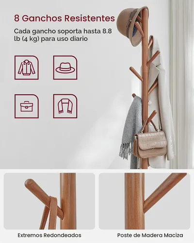 Vista 4 de VASAGLE Perchero de pie, perchero independiente, árbol de abrigo con 8 ganchos y estante de almacenamiento, 67.2 pulgadas de alto, para abrigos
