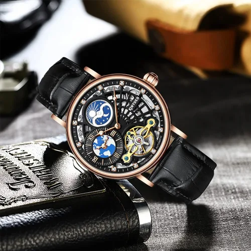 Vista 6 de IK COLOURING Tourbillon - Reloj de pulsera mecánico automático de esqueleto de lujo para hombre, con frase lunar, manecillas luminosas, reloj