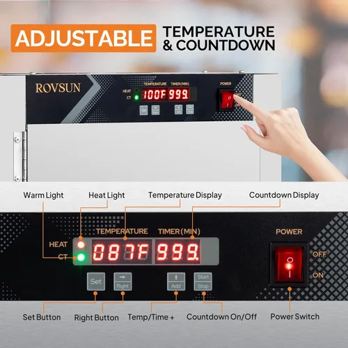 Vista 4 de ROVSUN Calentador de pizza con estantes extraíbles, bandeja de agua, calentador de pretzel, calentador de alimentos eléctrico comercial, calentador