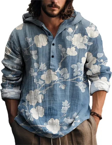 Vista 18 de MARSVOVO Camisa con capucha para hombre, vintage, retro, de 3 botones, manga larga, ligera, ligera, a la moda, casual, para uso diario, primavera