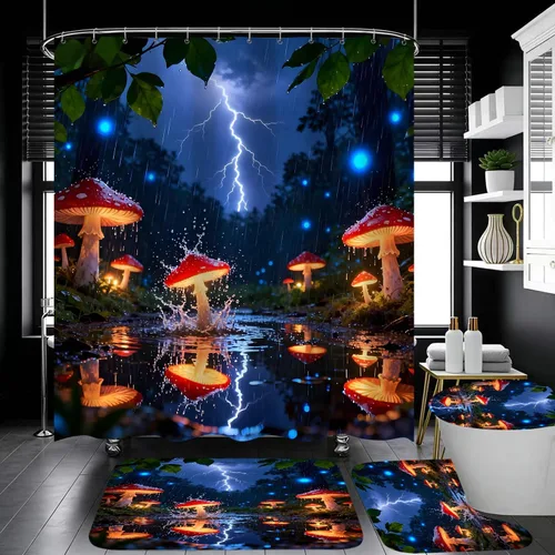 Vista 3 de Juego de 4 cortinas de ducha con diseño de hongos e iluminación