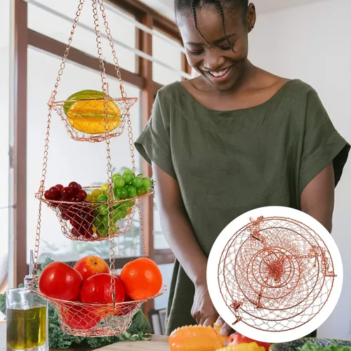 Vista 2 de BESTonZON 1 juego de cesta colgante plegable de alambre de frutas organizador de exhibición para decoración del hogar diseño de ahorro de espacio
