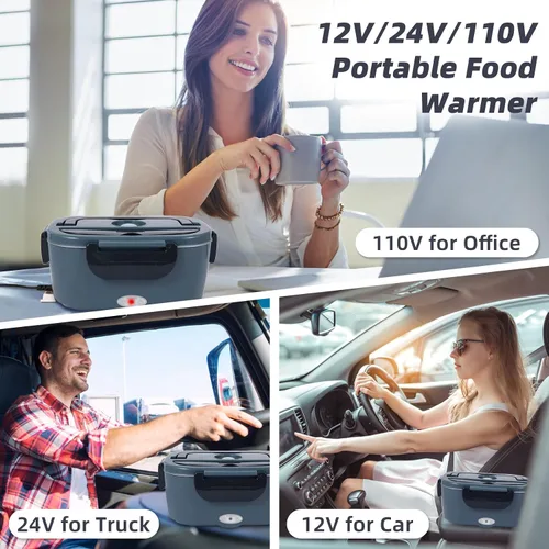 Vista 3 de SOHIDA Fiambrera eléctrica, calentador de alimentos portátil de 12 V/24 V/110 V con tenedor SS y cuchara para coche/camión/oficina, lonchera Negro