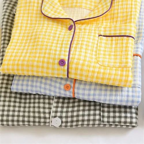 Vista 4 de Shanghai Story Camisón de algodón para parejas Ropa de dormir de manga larga Ropa de dormir Casual Check Print PJS