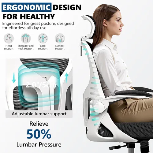 Vista 3 de Silla de oficina ergonómica, silla de escritorio de malla con reposacabezas ajustable y soporte lumbar, silla de computadora con ruedas con Blanco