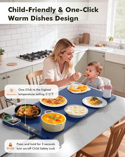 Vista 5 de Nuevo Tapete de Calentamiento de Alimentos con Cargador Inalámbrico, 34"x15" Extra Grande Enrollable Calentador de Alimentos, Tapete