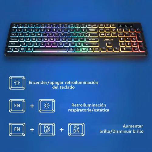 Vista 5 de Teclado y mouse inalámbricos, teclado y mouse recargables con luz LED