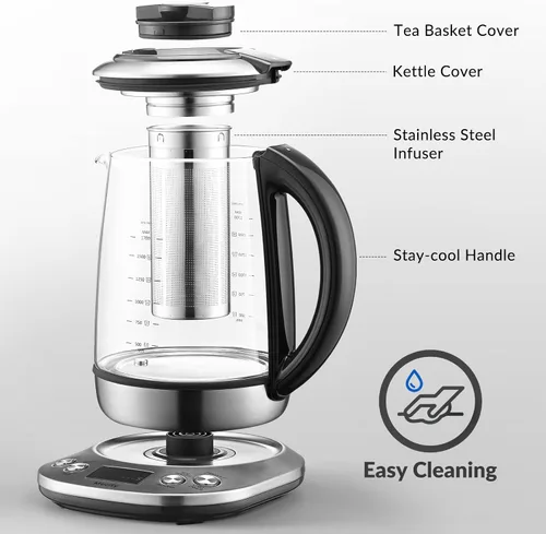 Vista 6 de Mecity Tetera eléctrica de vidrio de borosilicato con control de temperatura e infusor - Pantalla LCD y programas de preparación preestablecidos