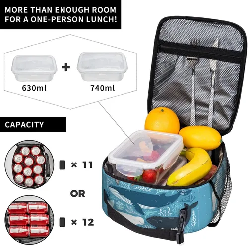 Vista 4 de Bolsa de almuerzo con diseño de animales marinos y ballena oceánica, lonchera reutilizable, impermeable, portátil, para hombres y niños