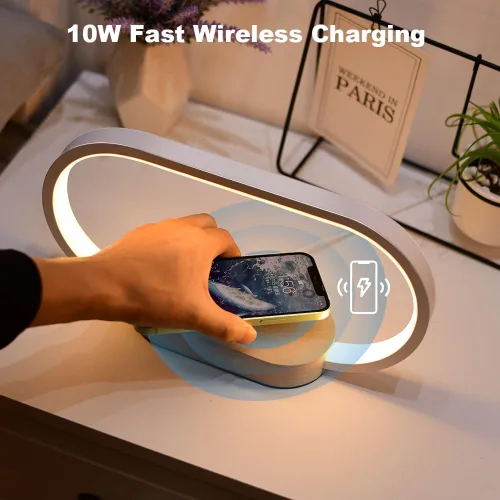 Vista 2 de Donewin Lámpara de noche de carga inalámbrica con puerto de carga USB, luz de mesa de noche de madera de alta calidad para dormitorio, lámpara